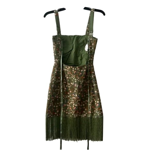 Green Floral Embroidered Mini Dress With Fringe Hem & Satin Corset Back $445 NWT - Picture 6 of 8